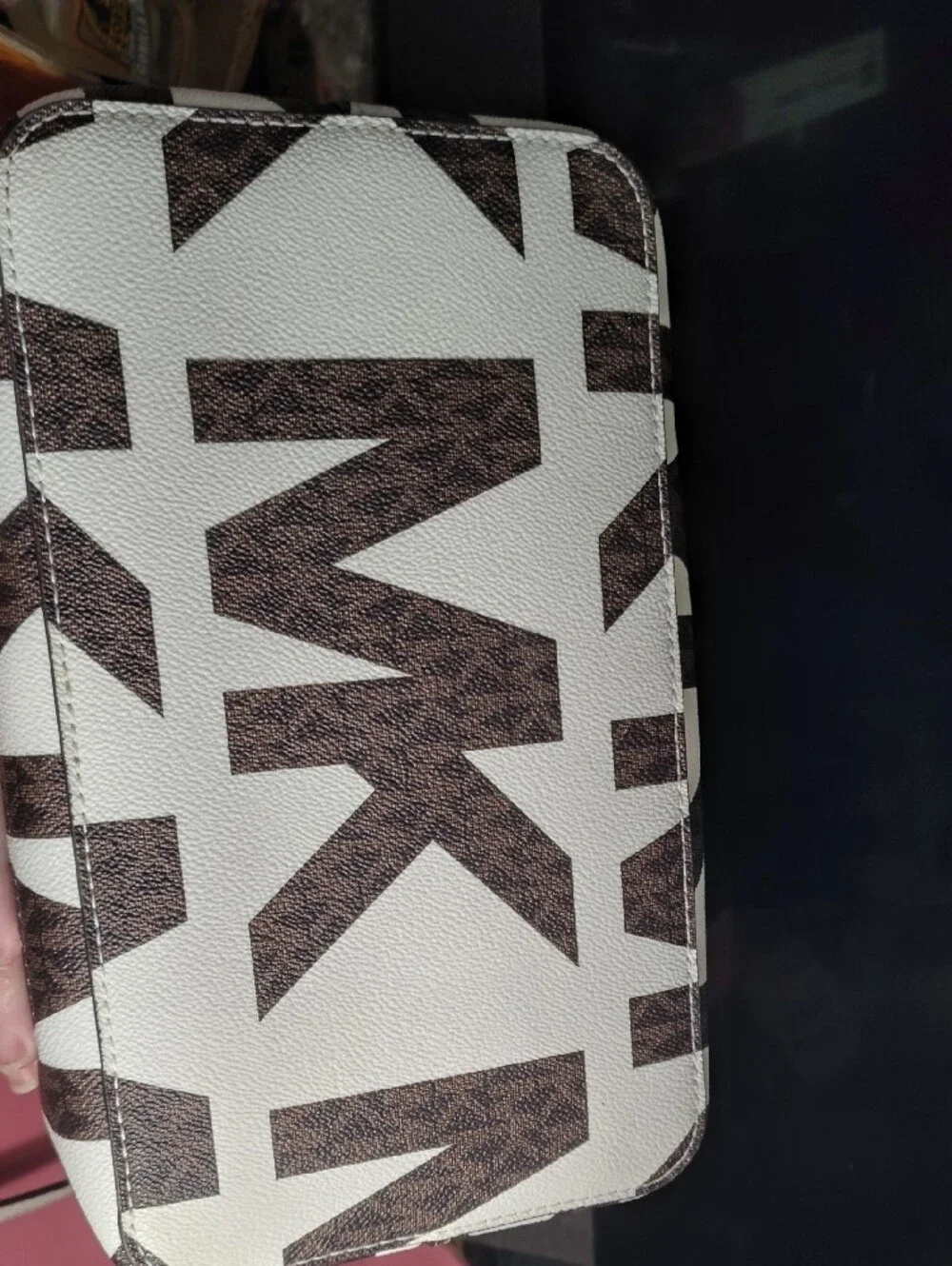 Michael Kors White & Brown Logo Drawstring Bucket Bag